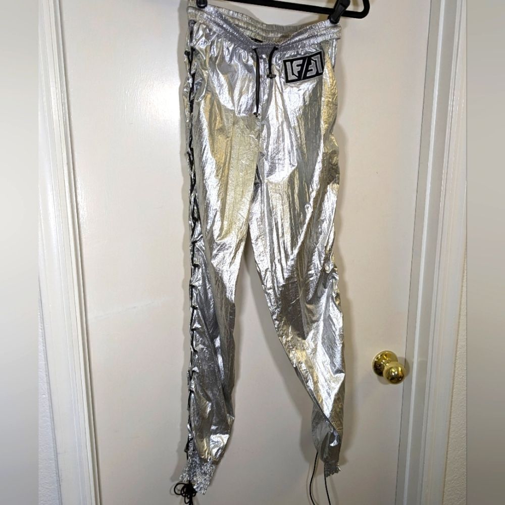 LF Silver Windbreaker Pants With Adjustable Bunge Cord Lacing On Legs & Waist